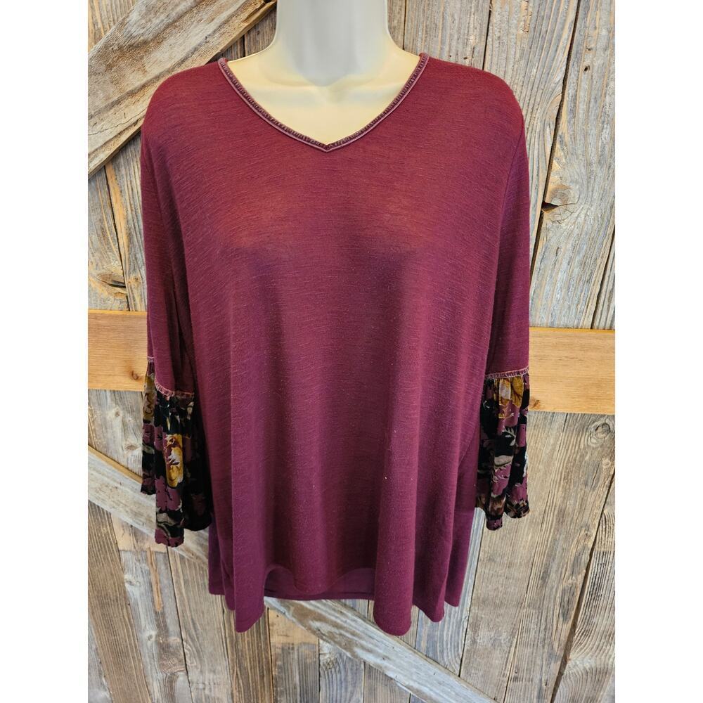 Cato size XL women's floral velour trim mixed media career casual blouse top ^